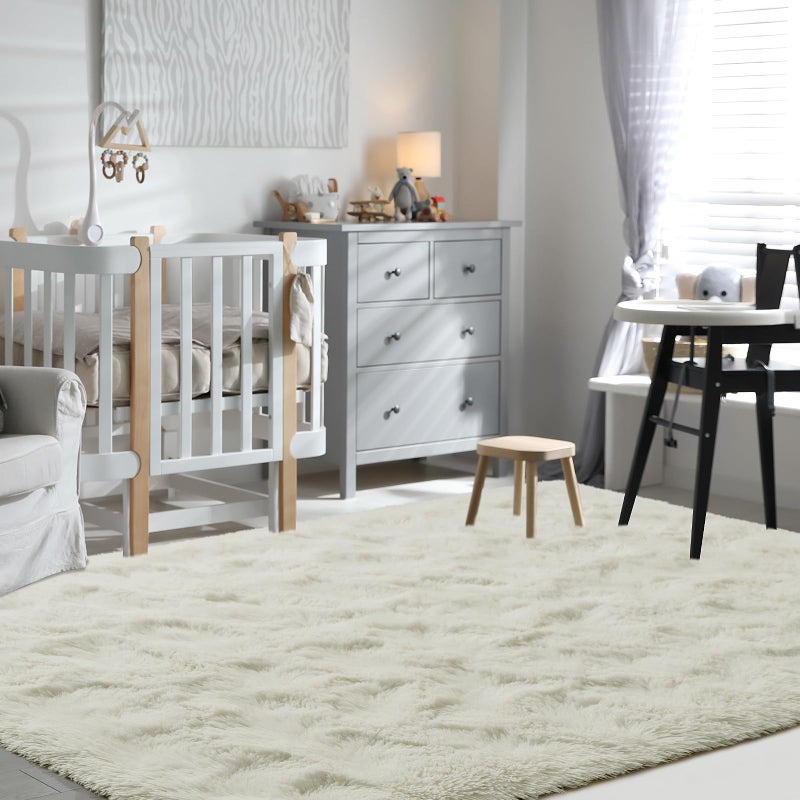 Terrug Cream White Fluffy Area Rug for Bedroom, 3x5 Ft Tie-Dyed Shag Throw Rugs, Soft Machine Washable Plush Carpet with Non Slip Backing for Girls Kids Room Bedside Floor Decoration - Image 4